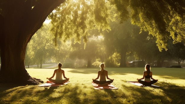 Yoga en el parque con el sol brillando a través de los árboles.