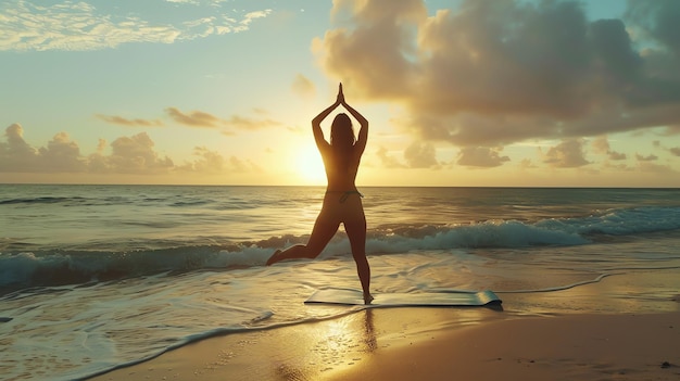 Foto yoga en la playa al amanecer una mujer en un bikini verde está de pie en una alfombra de yoga en la playa con los brazos levantados en el aire