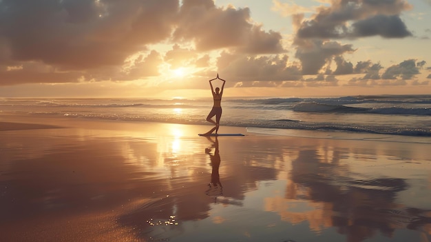 Yoga en la playa al amanecer Una mujer joven de pie en una pierna en una postura de yoga en la costa al amanecer