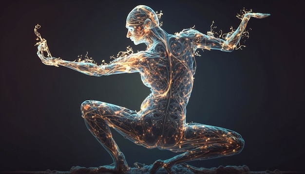 Yoga-Pose Ein Android, der in Lotus-Pose gegen die generative KI meditiert