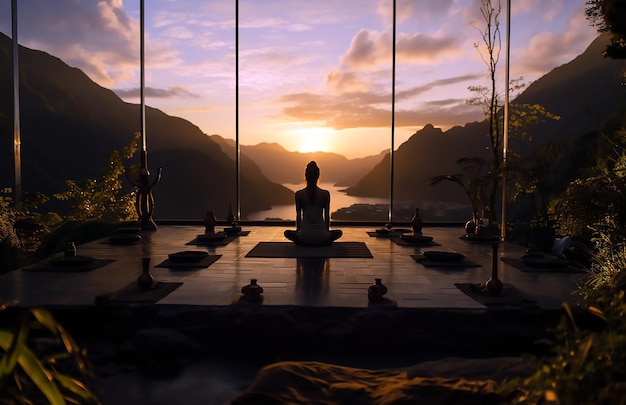 Yoga-Posen bei Sonnenuntergang im traditionellen balinesischen Stil