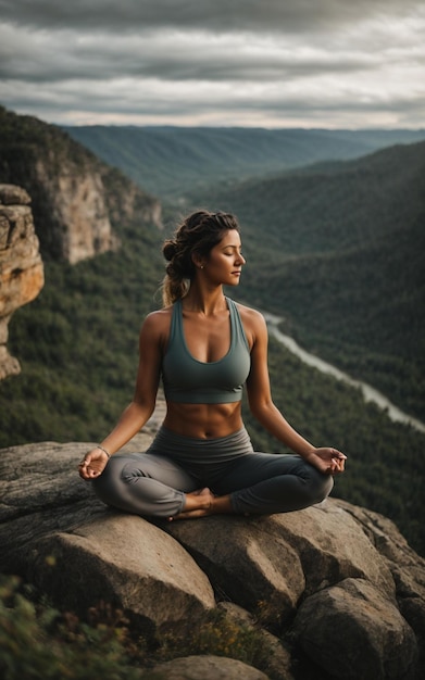 Yoga posiert auf einem Felsen mit Blick auf die Berge im Hintergrund.