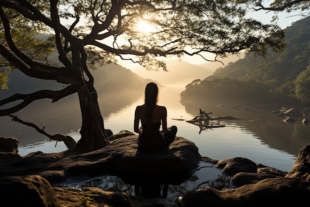 Yoga-Praktizierender in Baumpose bei Tagesanbruch ruhiges Szenario generative IA
