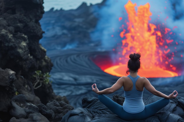 Yoga-Praktizierender in einer Bergpose bei einem ruhigen Lavastrom