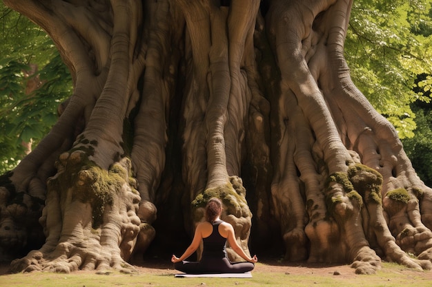 Foto yoga-praktizierender meditiert am fuße eines großen baumes