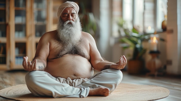 Yoga wird im Raum von einem lustigen dicken bärtigen Mann in Sportkleidung gemacht