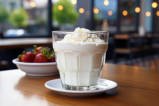 Yoghurt con bayas frescas en una mesa de madera en el primer plano de la cocina