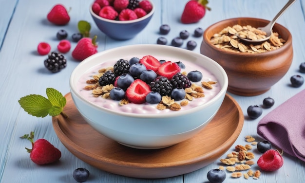 Yoghurt con bayas y muesli para el desayuno en un cuenco