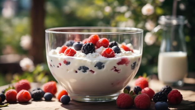 Yoghurt con bayas en un tazón de vidrio comida saludable desayuno servido al aire libre