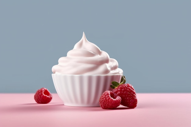 Yoghurt de frambuesa rosa en tazas blancas contra un fondo azul