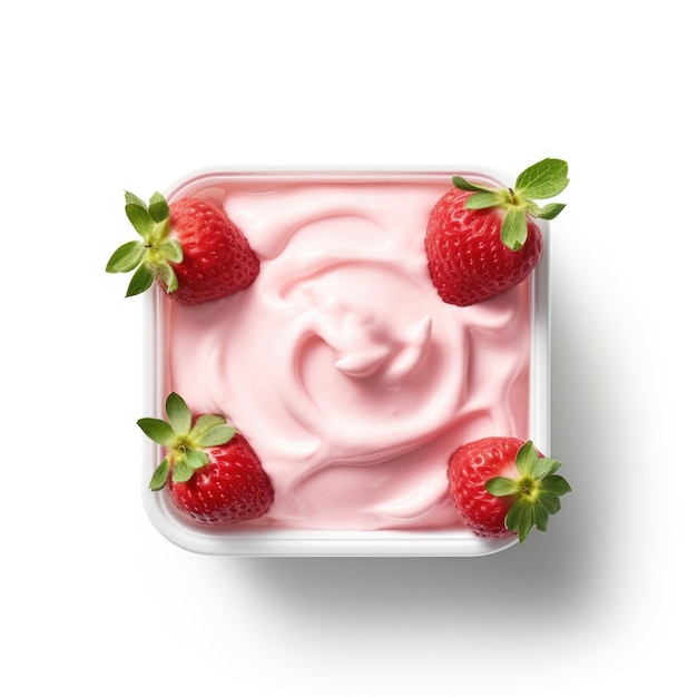 Yoghurt de fresa en una caja de almuerzo vista superior aislada sobre un fondo blanco IA generativa