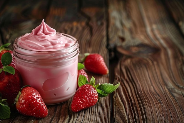 Yoghurt de fresa en una mesa de madera