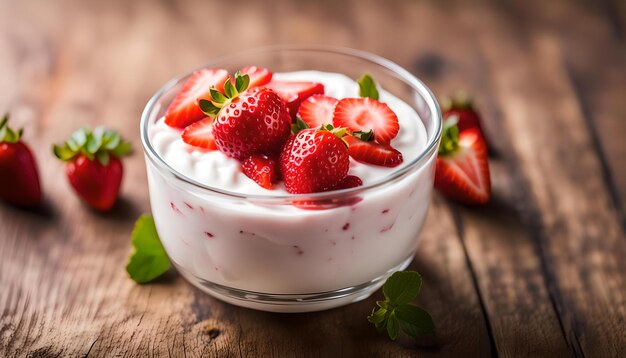 Foto yoghurt con fresa en vaso