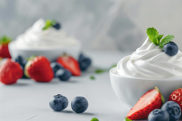 Yoghurt con fruta sobre un fondo blanco