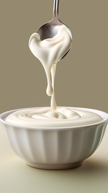 Foto yoghurt goteando desde la cuchara sobre el cuenco