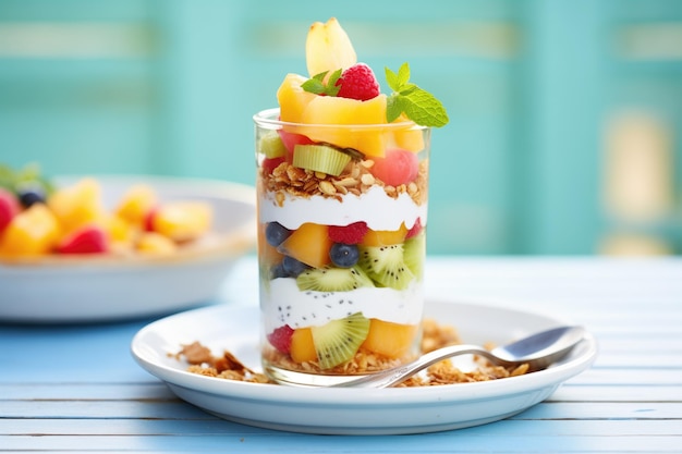 Yoghurt parfait con capas de frutas y muesli