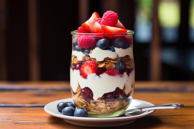 Foto yoghurt parfait en capas con granola de miel y mezclado