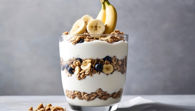 Yoghurt parfait con cereal, plátano y jarabe de arce