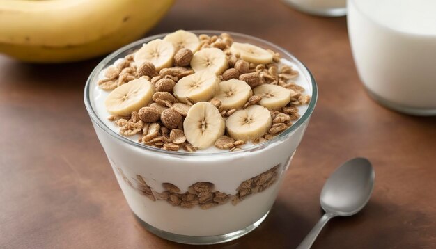 Yoghurt parfait con cereal, plátano y jarabe de arce