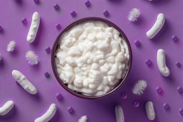 Foto yoghurt probiótico para la inmunidad con bifidobacteria sobre fondo púrpura