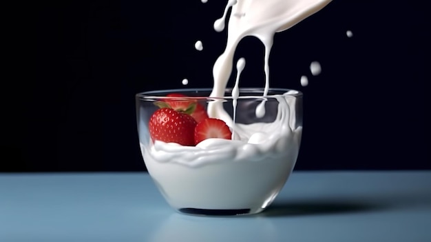 Foto yoghurt que fluye de una botella de vidrio