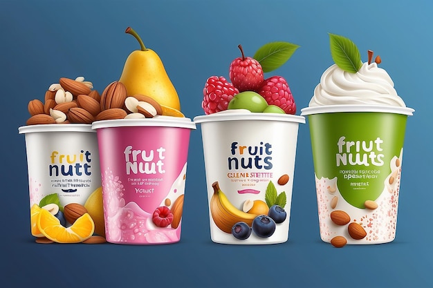 Yoghurt-Vektorverpackungsdesign Frucht- und Nuss-Yoghurt-Set