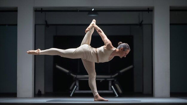 Foto yogi experimentado haciendo variación de la postura de luciérnaga en el gimnasio