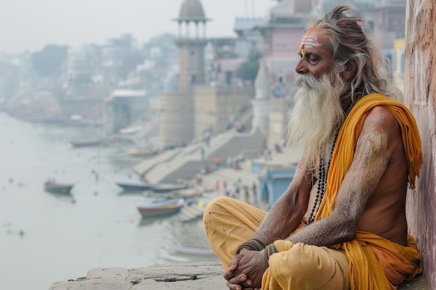 Yogi in Indien in der Stadt Varanasi am Ufer des Ganges
