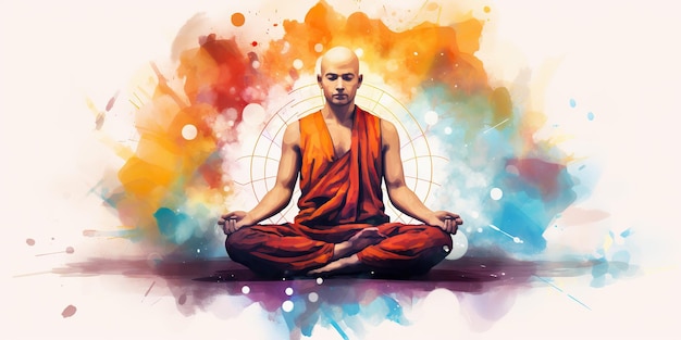 Yogi-Mönch meditiert mit gekreuzten Beinen konzentriert im Aquarell-Stil