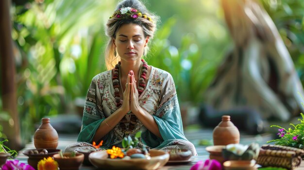 Foto yogi sereno meditando em meio à natureza abraço pacífico