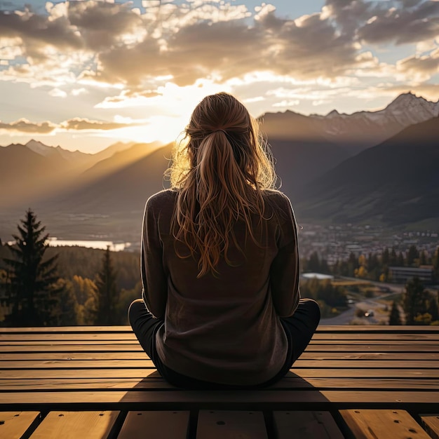 Yogi sitzt auf der Veranda mit Blick auf die Berge bei Sonnenuntergang