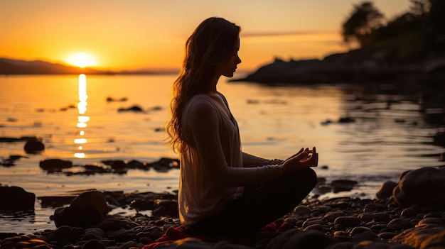 Yogui meditando en la playa al atardecer IA generativa