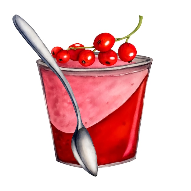 Yogur de acuarela con bayas de grosella aisladas sobre fondo blanco Ilustración dibujada a mano Clip art berry Tarro con yogur de gelatina Color Viva Magenta