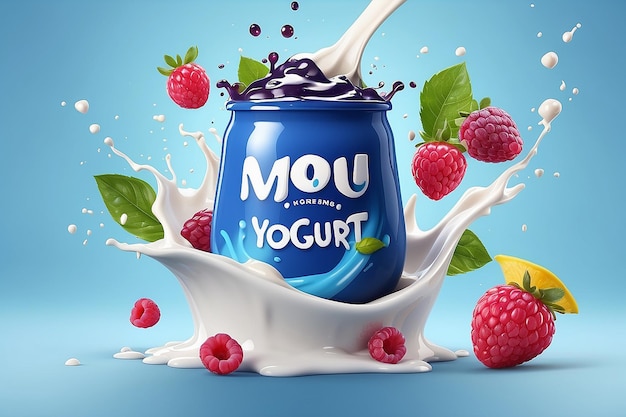 El yogur de arándanos anuncia un delicioso anuncio de yogur con leche y mermelada de frutas salpicando juntos en una ilustración 3D