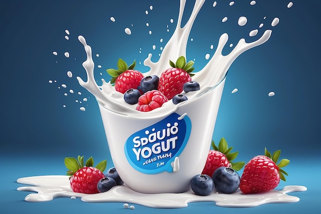 El yogur de arándanos anuncia un delicioso anuncio de yogur con leche y mermelada de frutas salpicando juntos en una ilustración 3D