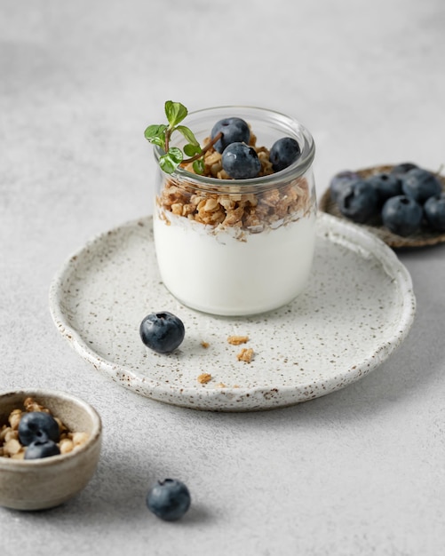 Foto yogur con arándanos en un plato de cerámica