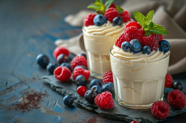 Yogur de bayas Parfait con frambuesas frescas y arándanos