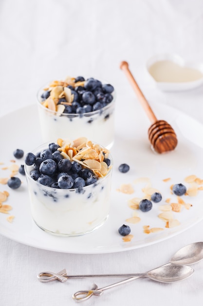 Yogur casero con arándanos, almendras y miel.