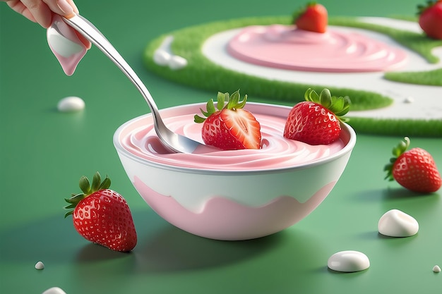 Foto el yogur de fresa anuncia un delicioso anuncio de yogur con una cuchara de crema de fresa aislada en un campo verde en una ilustración 3d