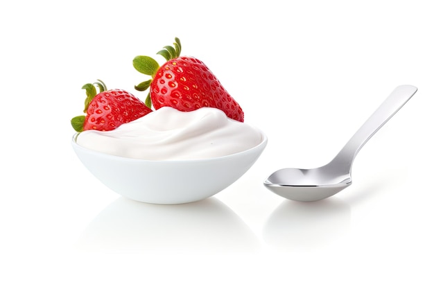 Foto yogur de fresa sobre fondo blanco de cuchara