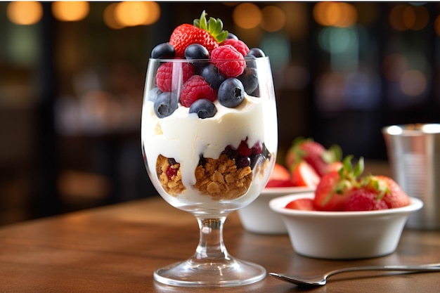 Yogur griego con bayas frescas y muesli en vidrio sobre mesa de madera