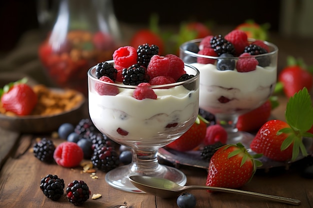 Yogur griego con bayas frescas sobre fondo de madera