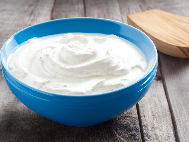 Yogur griego en cuenco azul en una mesa de madera rústica