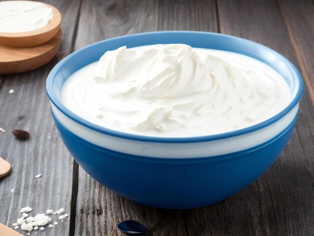 Yogur griego en cuenco azul en una mesa de madera rústica