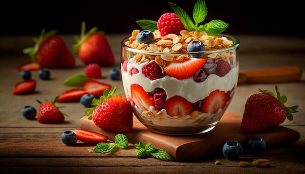 Yogur con mezcla de frutos rojos, fresas y muesli IA generativa