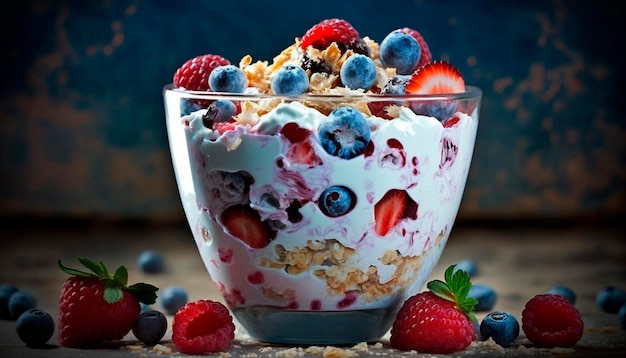 Yogur con mezcla de frutos rojos, fresas y muesli IA generativa