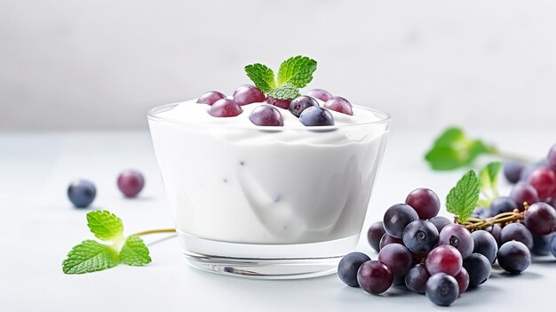 Foto yogur de verduras con postre de uvas en un tazón