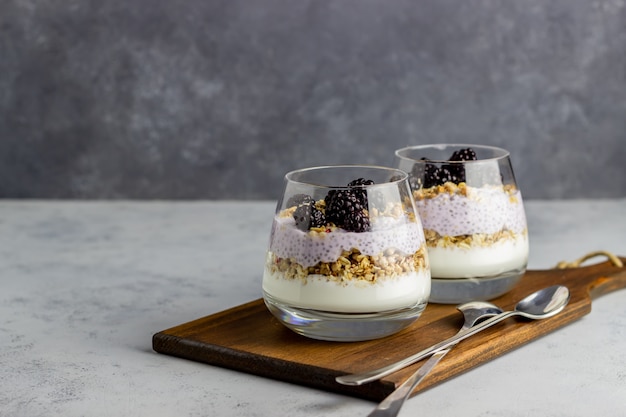 Foto yogurt con granola, semillas de chia y moras sobre un fondo gris. desayuno. alimentación saludable.