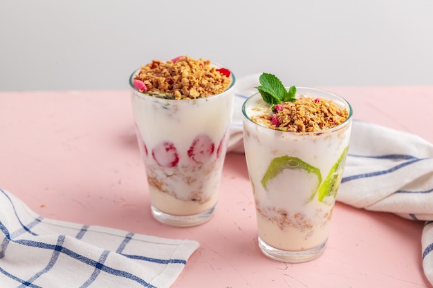 Yogurt saludable casero con muesli y arándanos