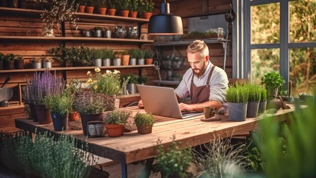 Yong-Hipster-Geschäftsflorist in Schürze sitzt mit Laptop bei der Arbeit in einem nachhaltigen Blumenladen